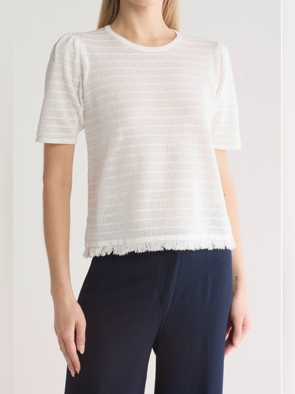 NWOT Adrianna Papell White Open Stitch Fringe Sweater size Large